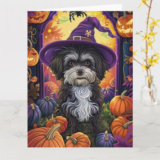 Spooky Havanese Hund Halloween Witch and Pumpkin Kort (Gul blomma)