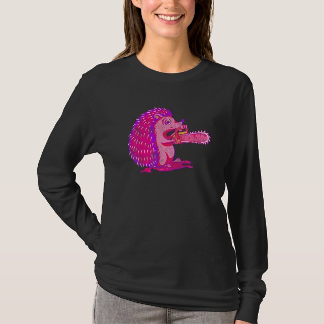 Spooky Hedgehog Vaporwave Creepy Animal Chainsåg H T Shirt (Framsida)
