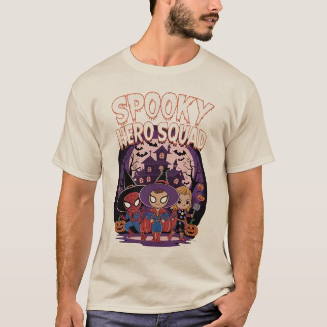 Spooky Hero Squad: Adsible Chibi Superheroes T Shirt (Framsida)