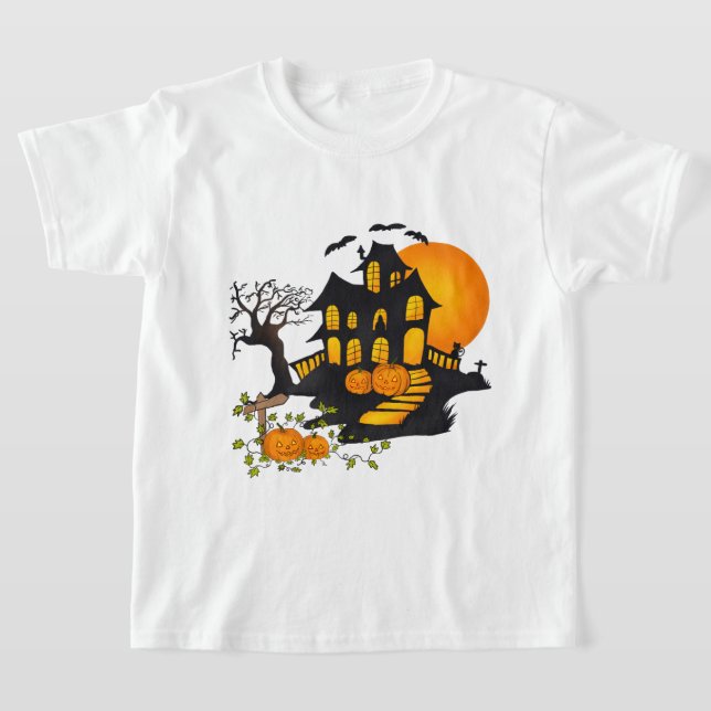 Spooky House med fladdermöss Halloween roligt T Shirt (Laydown)