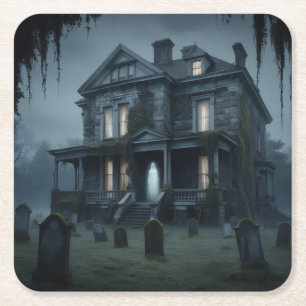 Spooky House med Ghost Underlägg Papper Kvadrat