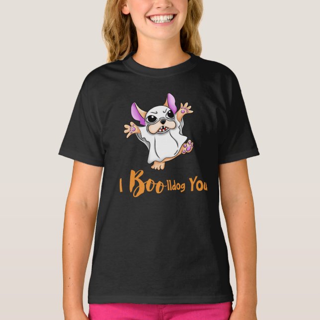 Spooky Hugs: Cute Fransk Bulldog Boo Halloween T Shirt (Framsida)
