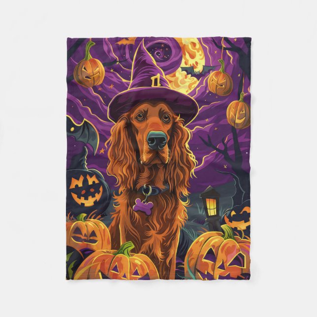 Spooky Irish Red Setter Halloween Witch Pumpkin Fleecefilt (Framsidan)
