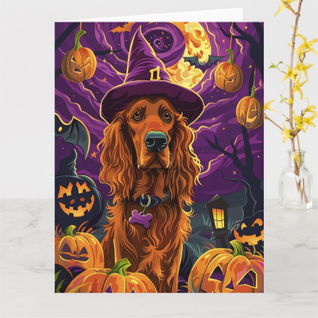 Spooky Irish Red Setter Halloween Witch Pumpkin Kort (Gul blomma)