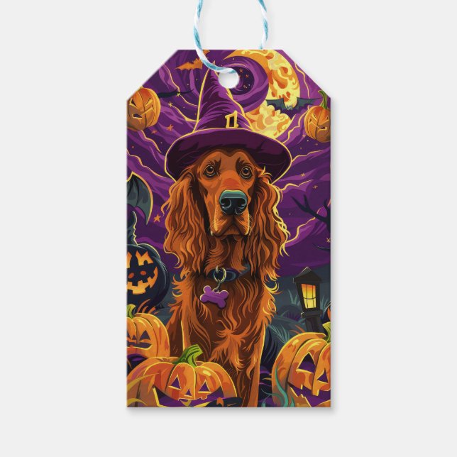 Spooky Irish Red Setter Halloween Witch Pumpkin Presentetikett (Framsidan)