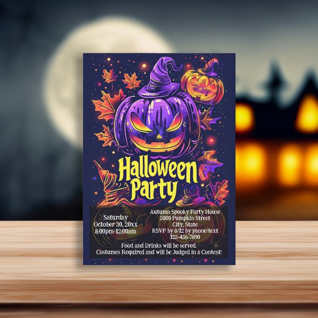 Spooky Jack-O-Lantern Halloween fest Inbjudningar (purple black jack o lantern halloween invitation)