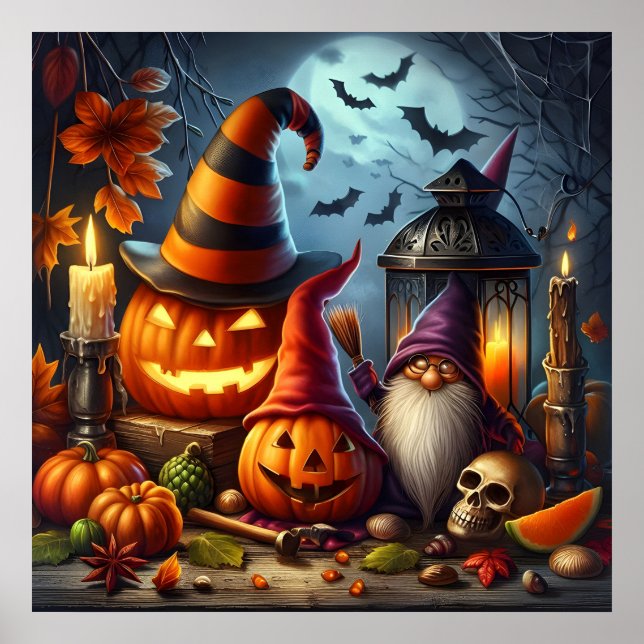 Spooky Jack-O-Lanternor med Gnome, Skull och Fladd Poster (Framsidan)