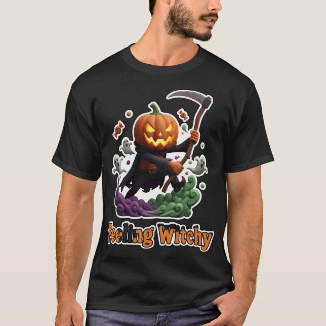 Spooky jackolantern grim reaper with ghosts and ca t shirt (Framsida)