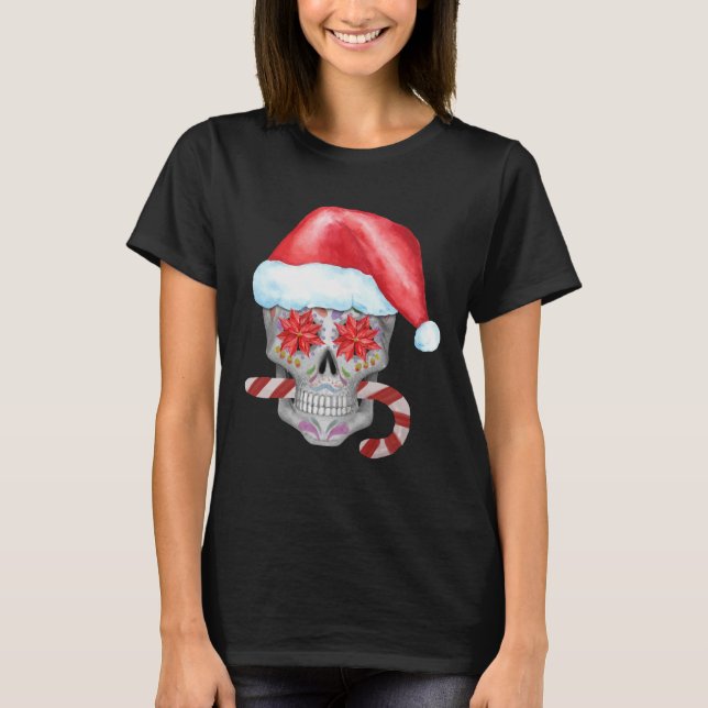 Spooky jul Skull Wearing Santa Hat T Shirt (Framsida)