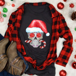 Spooky jul Skull Wearing Santa Hat T Shirt