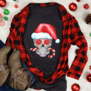 Spooky jul Skull Wearing Santa Hat T Shirt