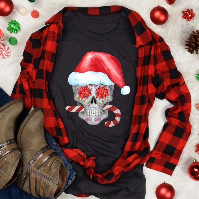 Spooky jul Skull Wearing Santa Hat T Shirt (Skapare uppladdad)