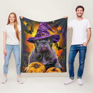 Spooky Käpp Corso Hund Halloween Witch och Pumpkin Fleecefilt