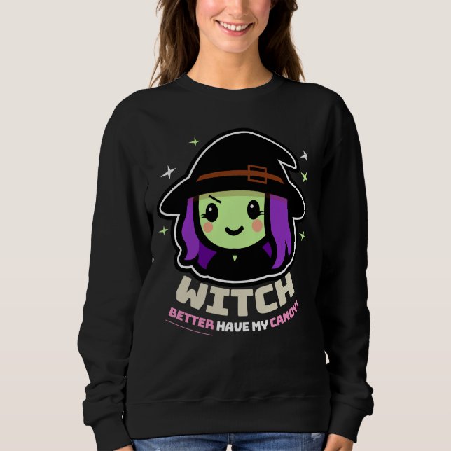 Spooky Kawaii Witch Halloween Women's Sweatshirt T Shirt (Framsida)