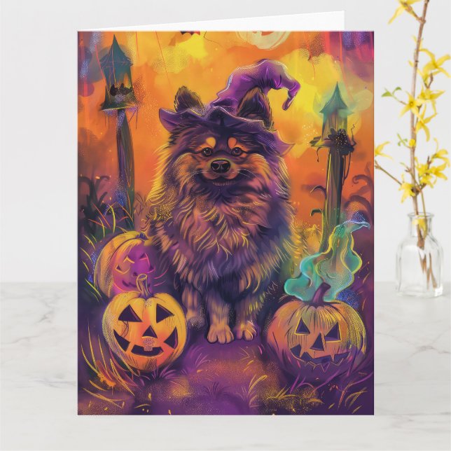 Spooky Keeshond Hund Halloween Witch och Pumpkin Kort (Gul blomma)