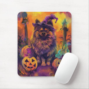 Spooky Keeshond Hund Halloween Witch och Pumpkin Musmatta