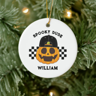 Spooky Killen Namn Retro Pumpkin Småbarn Halloween Julgransprydnad Keramik