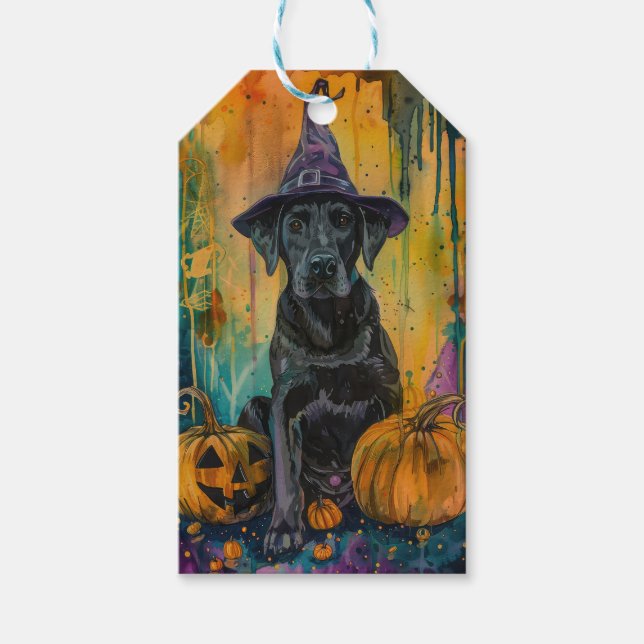 Spooky Labrador Hund Halloween Witch och Pumpkin Presentetikett (Framsidan)