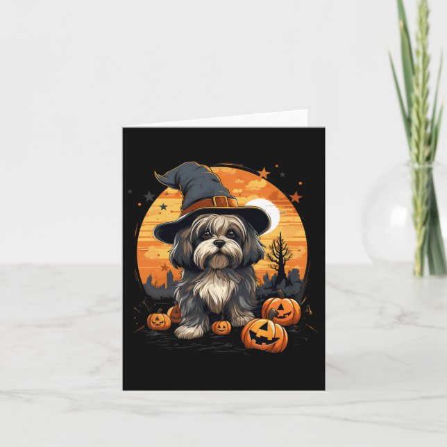 Spooky Lhasa Apso Hund Witch Halloween Kort (Framsida)