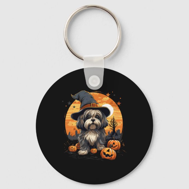 Spooky Lhasa Apso Hund Witch Halloween Nyckelring (Framsida)