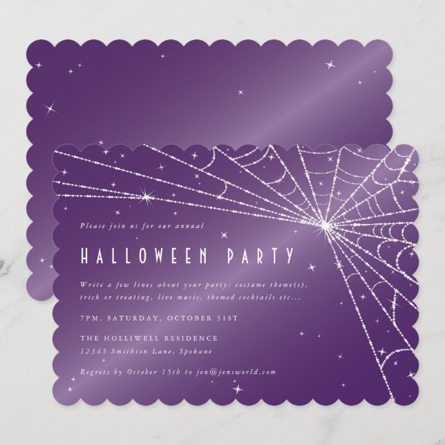 Spooky Lila Diamond Spindelnät Halloween fest Inbjudningar (Fram/baksida)