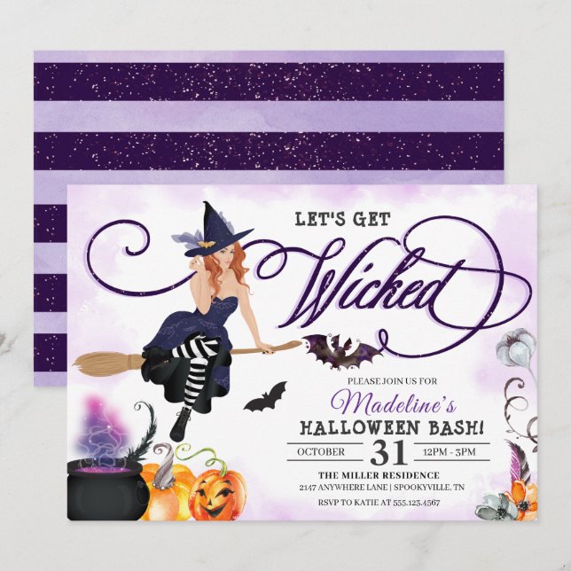 Spooky Lila Flies Witch Halloween Inbjudningar (Fram/baksida)
