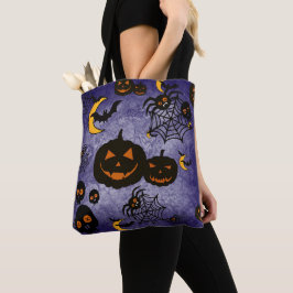 SPOOKY LILA HALLOWEEN PUMPKINS MÅNE FLADDERMÖSS TYGKASSE