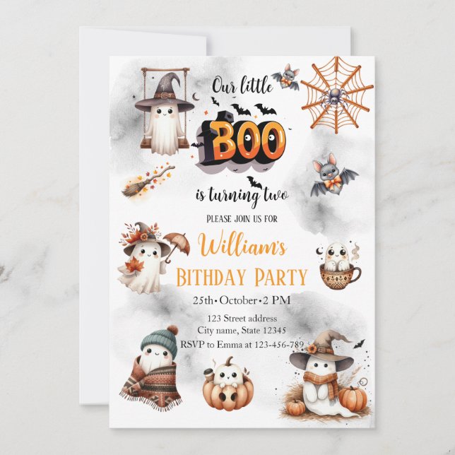Spooky Little Boo Fyller Två 2-årsdag Inbjudningar (Framsida)