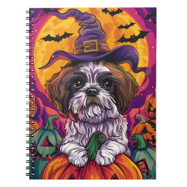 Spooky Malti Tzu Hund Halloween Witch och Pumpkin Anteckningsbok (Framsidan)