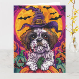 Spooky Malti Tzu Hund Halloween Witch och Pumpkin Kort