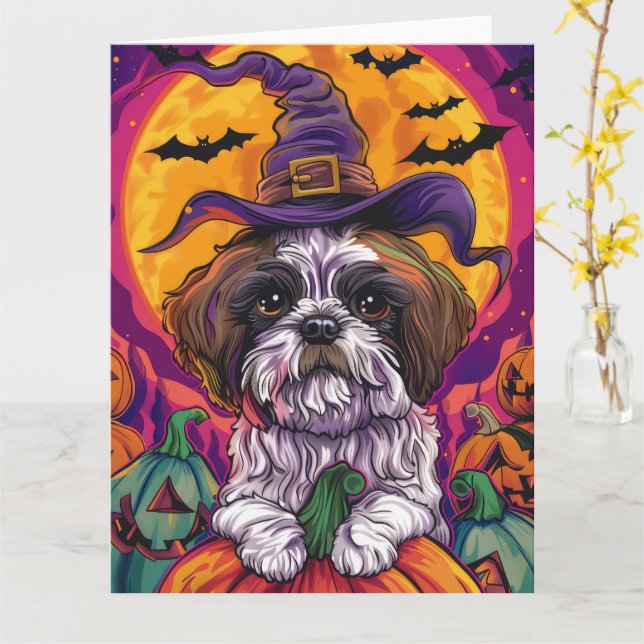 Spooky Malti Tzu Hund Halloween Witch och Pumpkin Kort (Gul blomma)