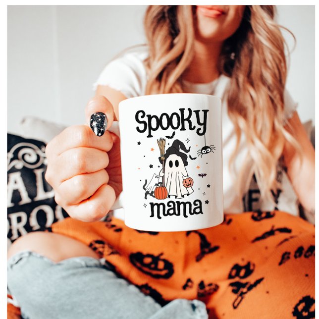 Spooky Mamma Halloween - Cute Ghost, Cat & Pumpkin Kaffemugg (Skapare uppladdad)