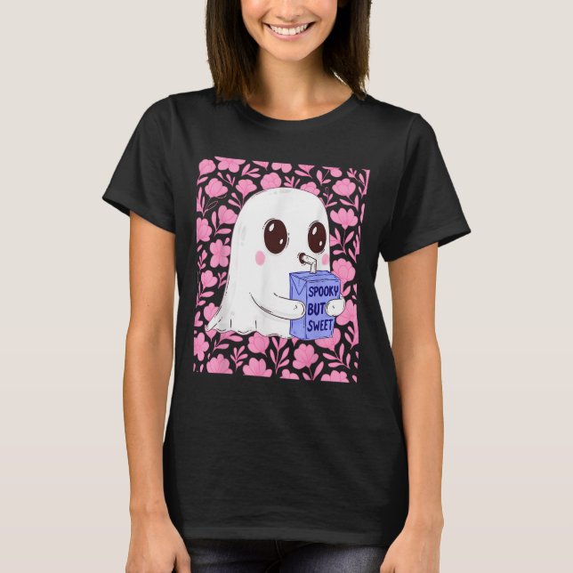 Spooky, men söt cute Ghost med Blommigt Halloween T Shirt (Framsida)
