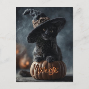Spooky "Meowgic" Black Cat i en Witch Hat Helg Vykort