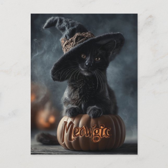 Spooky "Meowgic" Black Cat i en Witch Hat Helg Vykort (Framsida)