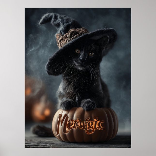 Spooky "Meowgic" Black Cat i en Witch Hat Poster (Framsidan)