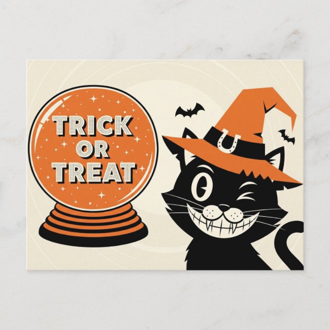 Spooky MidCentury Charm "Bus eller godis" Hallowee Vykort (Framsida)