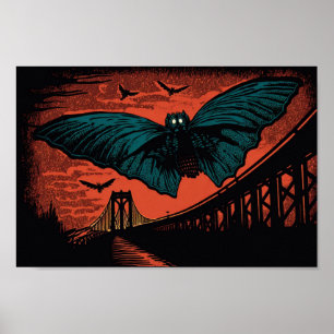 Spooky Mothman och Bridge Woodcut Art Skriv ut Poster