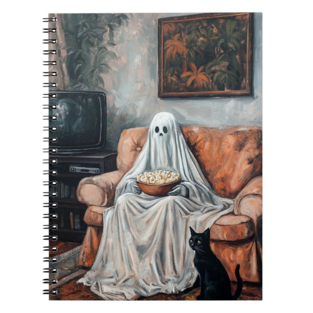 Spooky Movie Night | Ghost och Cat Watching TV Anteckningsbok (Framsidan)