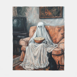 Spooky Movie Night Ghost och Cat Watching TV Fleecefilt