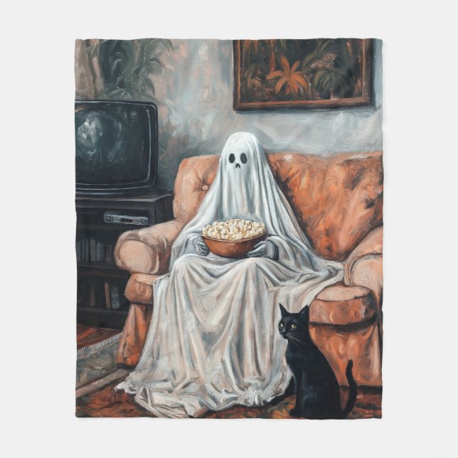 Spooky Movie Night | Ghost och Cat Watching TV Fleecefilt (Framsidan)