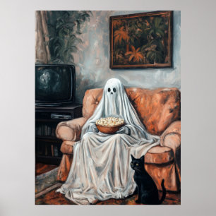 Spooky Movie Night Ghost och Cat Watching TV Poster