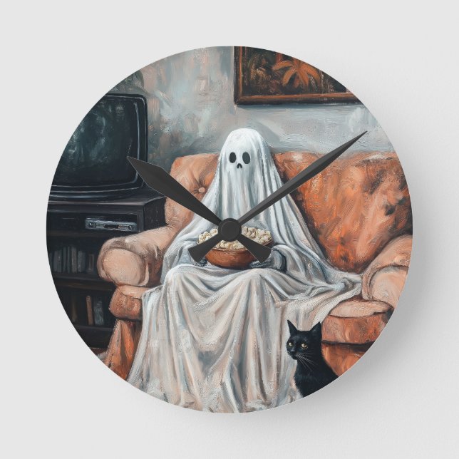 Spooky Movie Night | Ghost och Cat Watching TV Rund Klocka (Framsida)