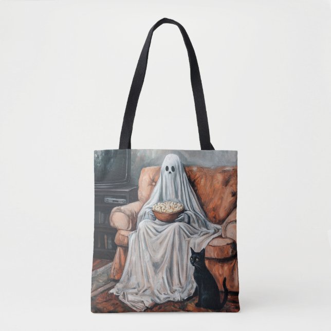 Spooky Movie Night | Ghost och Cat Watching TV Tygkasse (Framsida)