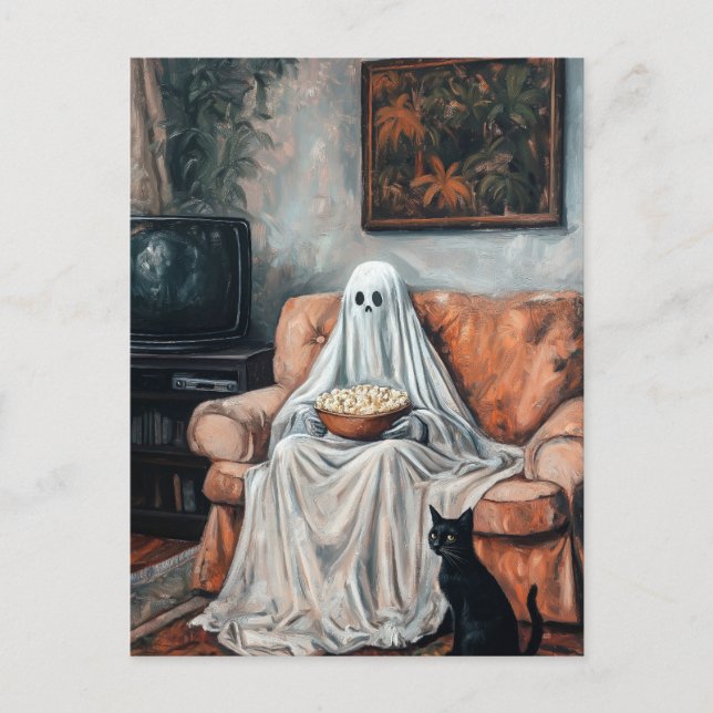 Spooky Movie Night | Ghost och Cat Watching TV Vykort (Framsida)