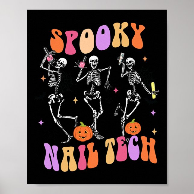 Spooky Nagel Tech Roligt Skeleton Nagel Tech Hallo Poster (Framsidan)