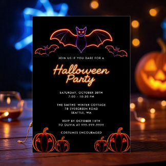 Spooky Neon Fladdermus Pumpkin Halloween fest Inbjudningar