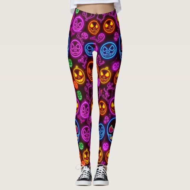 Spooky Neon Jack-o'-Lantern Halloween Blue-Döskall Leggings (Framsida)