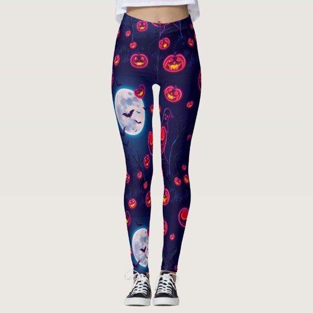 Spooky Neon Jack-o'-Lantern Halloween Nattscen Leggings (Framsida)