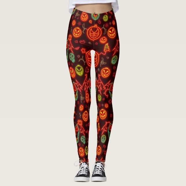 Spooky Neon Jack-o'-Lantern Halloween Nattscen Leggings (Framsida)